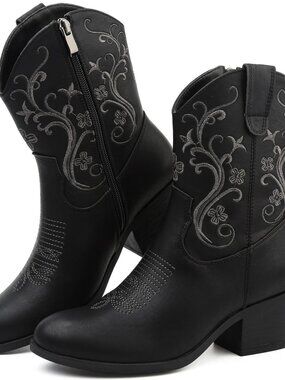 Cowboy Boots for Women Short Shaft Side Zip Embroidered
